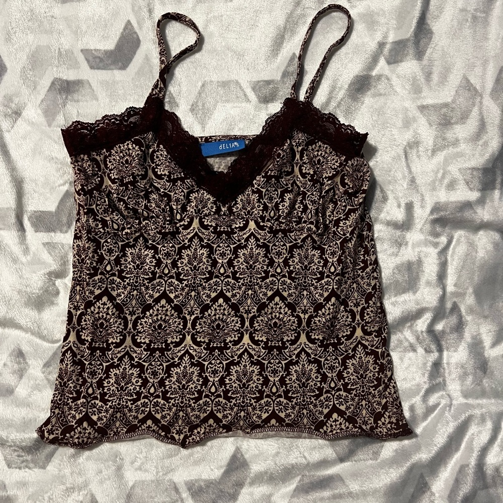 dELiA*s Maroon and Cream Patterned Lace Camisole